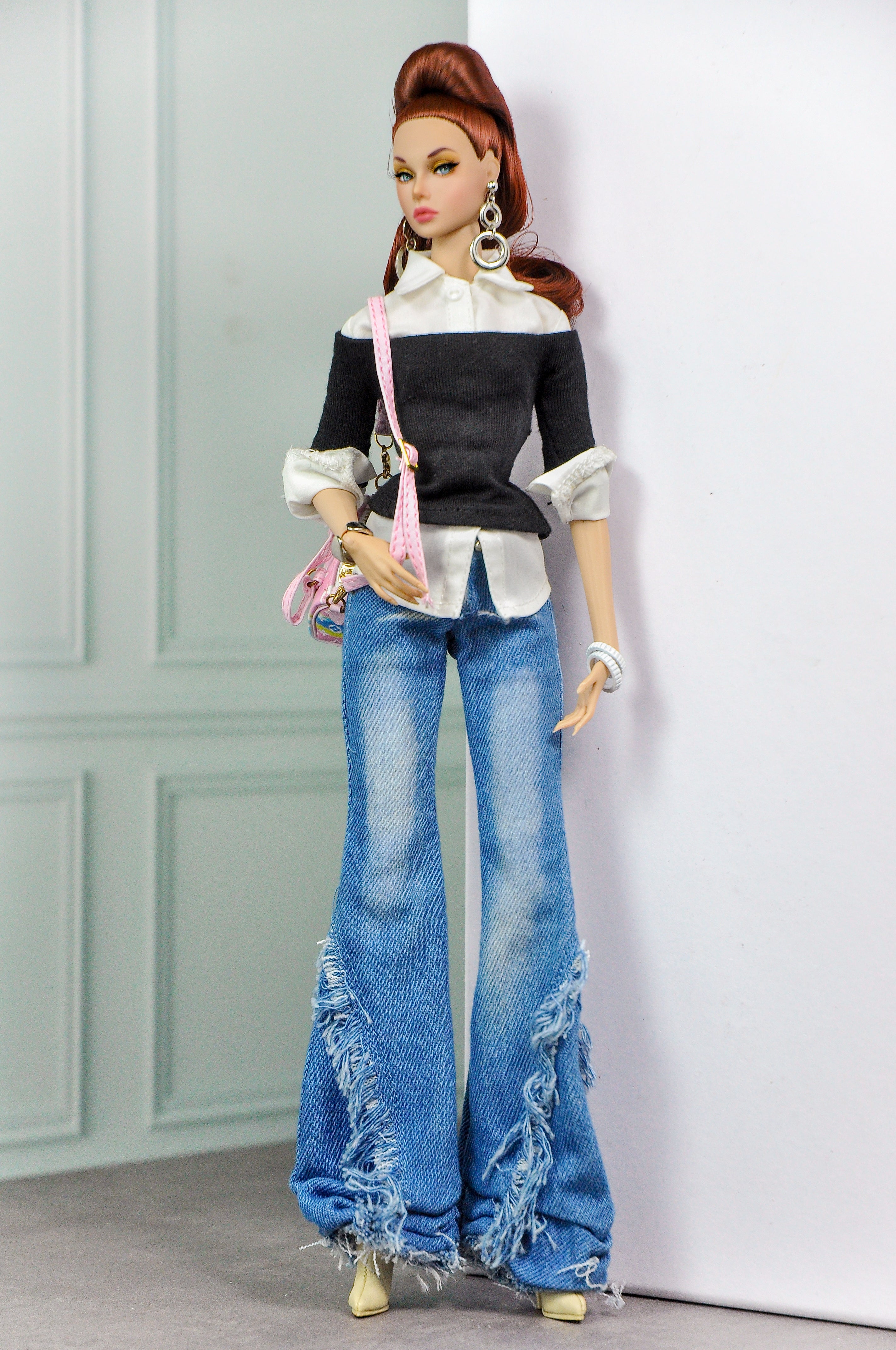 MODERN SENSUAL |Casual Chic Denim Set for 1/6 Doll Clothes – Layered Off Shoulder Top & Wide Leg Distressed Jeans – Plastik Tiara