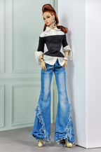 MODERN SENSUAL |Casual Chic Denim Set for 1/6 Doll Clothes – Layered Off Shoulder Top & Wide Leg Distressed Jeans – Plastik Tiara