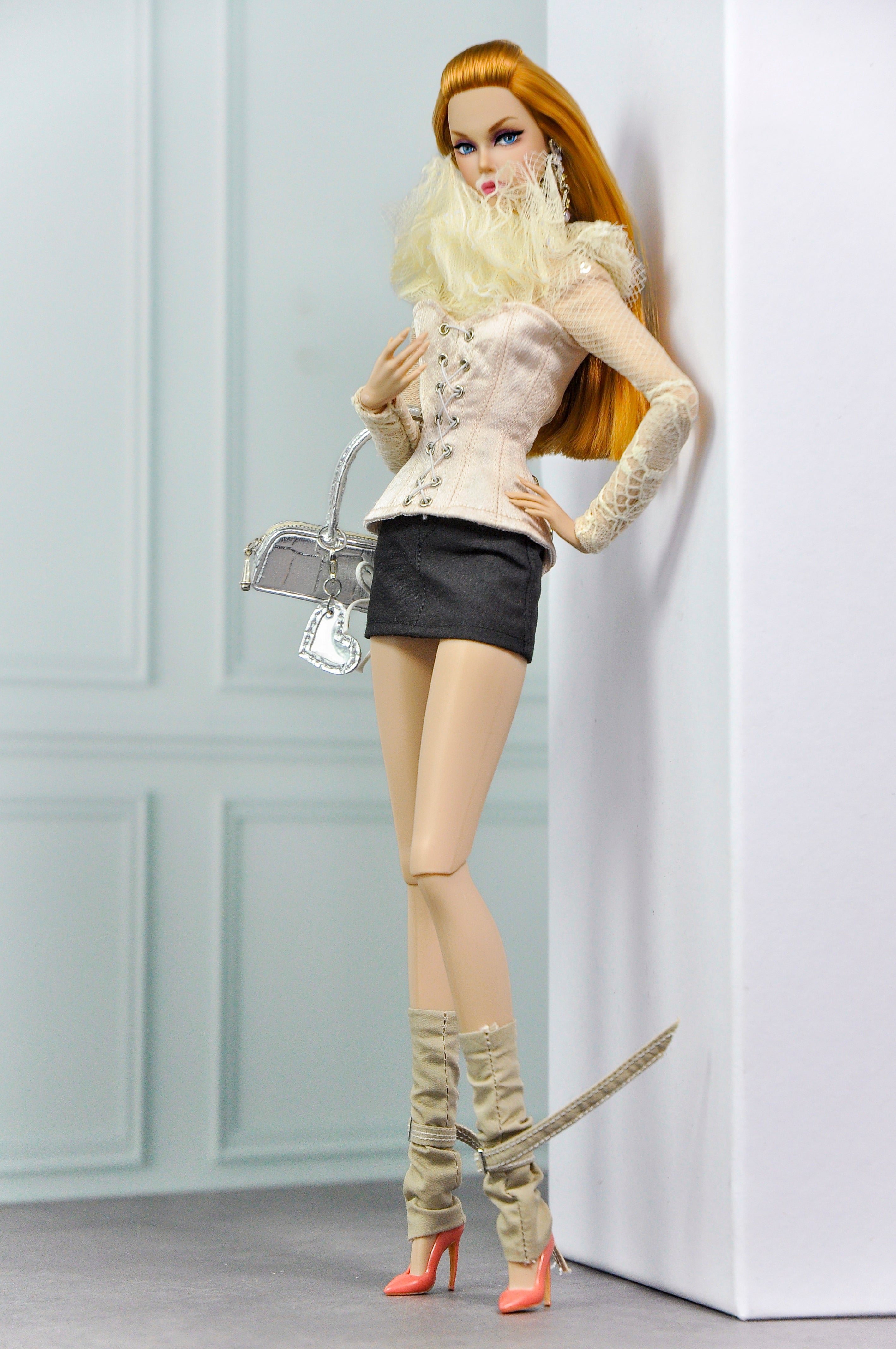 MODERN SENSUAL | Lace Corset Top & Mini Skirt Set for 1/6 Doll Clothes – Sheer Lace Blouse & Structured Corset – Plastik Tiara