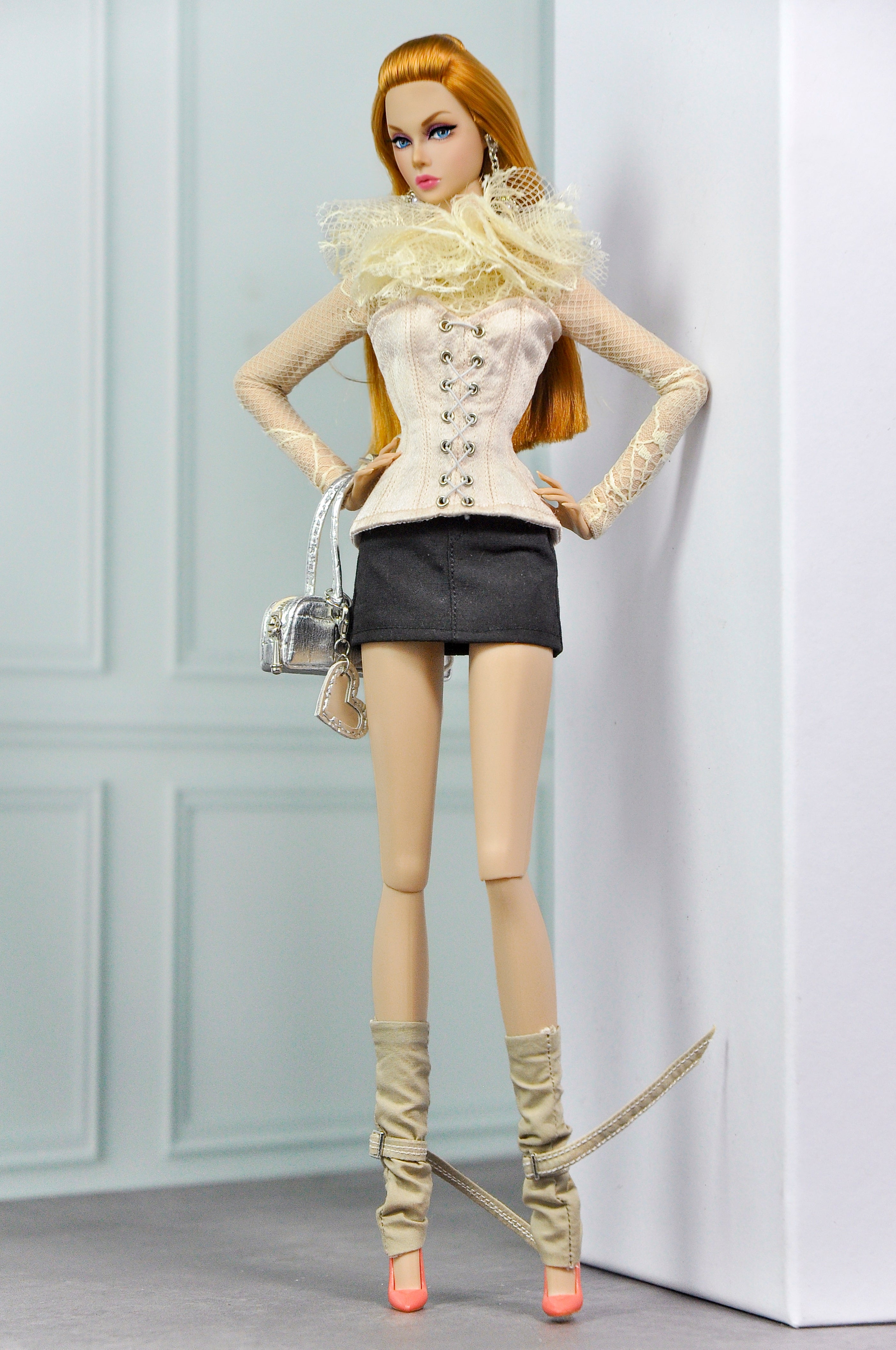 MODERN SENSUAL | Lace Corset Top & Mini Skirt Set for 1/6 Doll Clothes – Sheer Lace Blouse & Structured Corset – Plastik Tiara