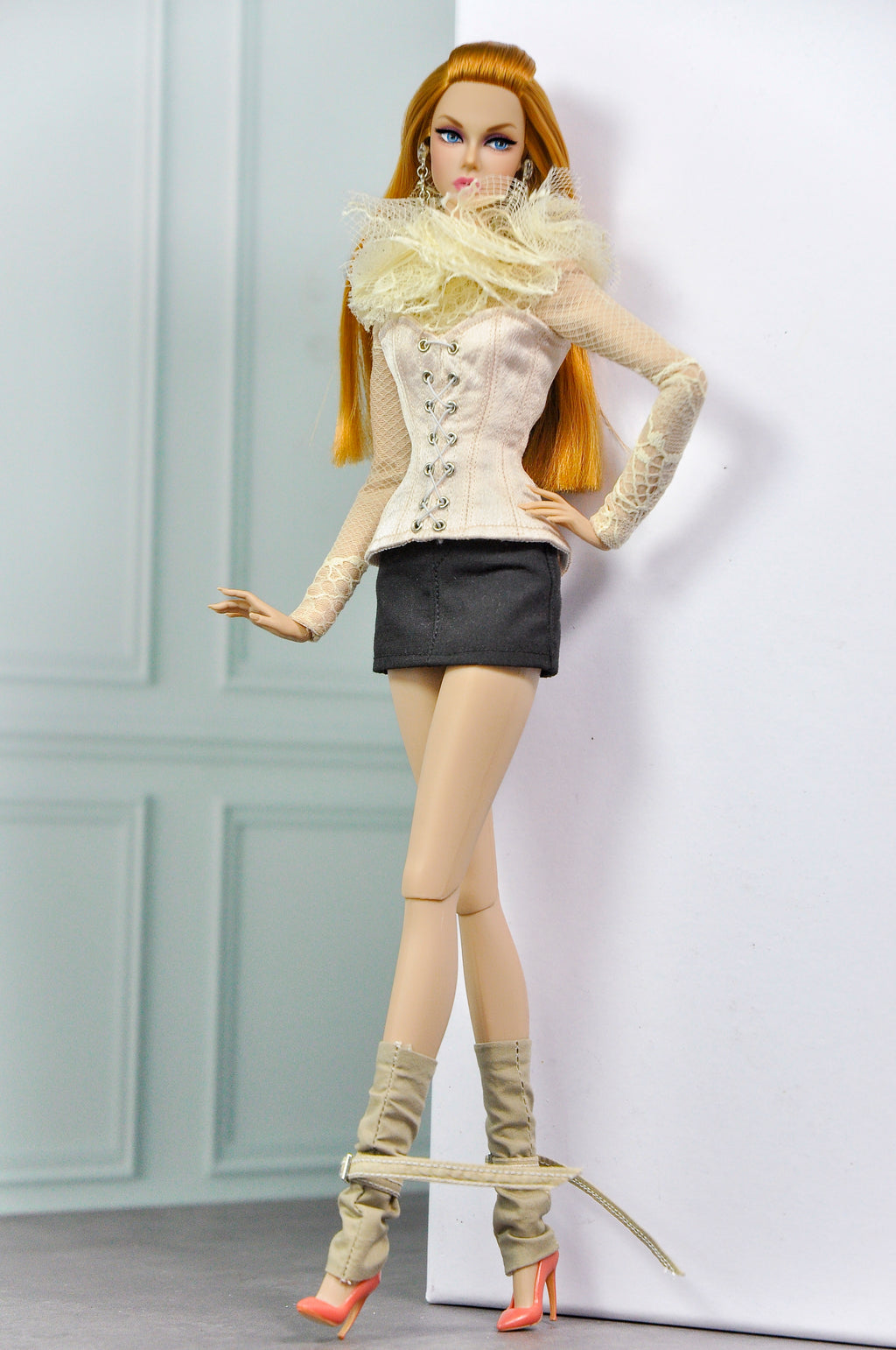 MODERN SENSUAL | Lace Corset Top & Mini Skirt Set for 1/6 Doll Clothes – Sheer Lace Blouse & Structured Corset – Plastik Tiara