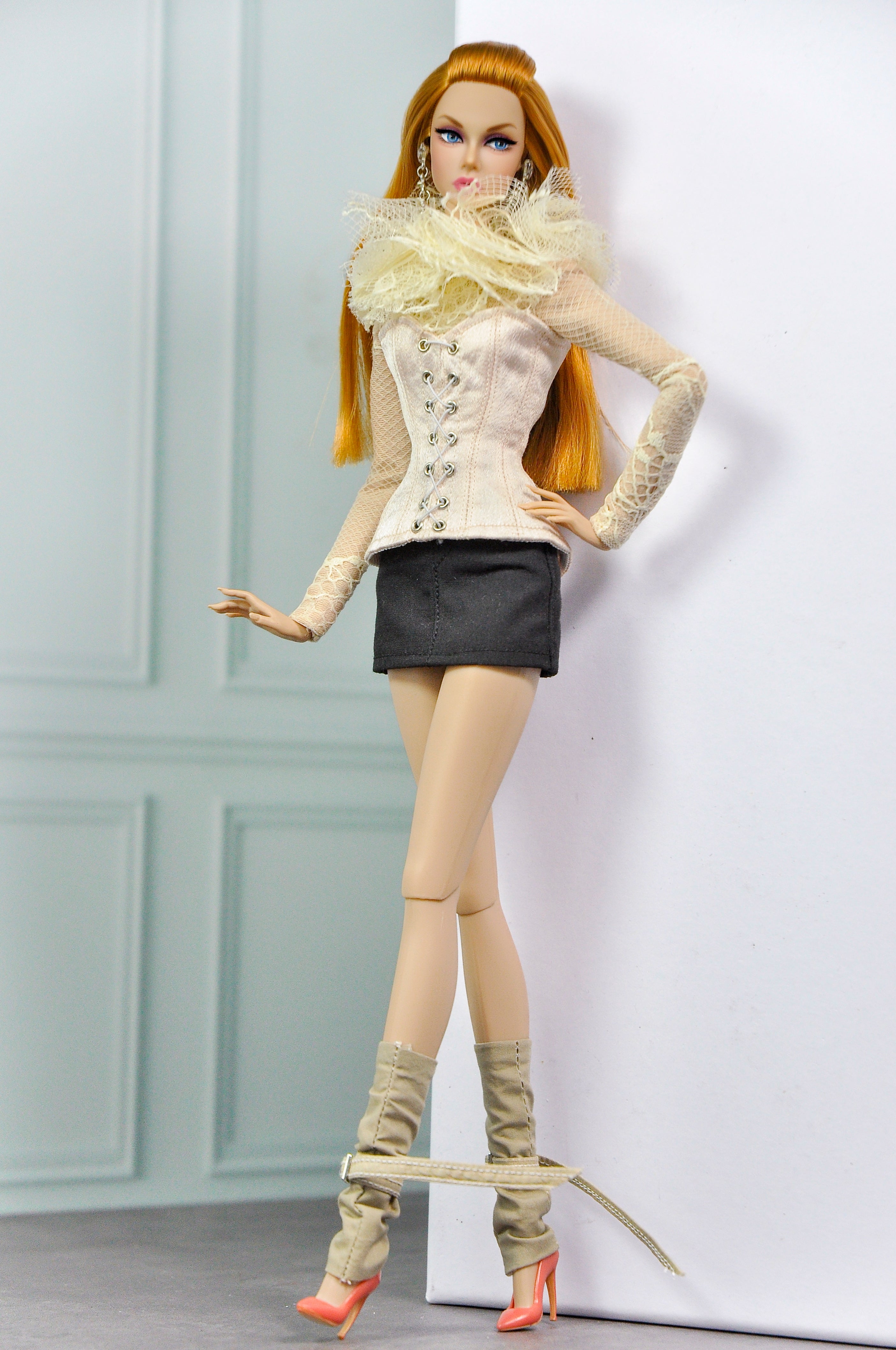 MODERN SENSUAL | Lace Corset Top & Mini Skirt Set for 1/6 Doll Clothes – Sheer Lace Blouse & Structured Corset – Plastik Tiara