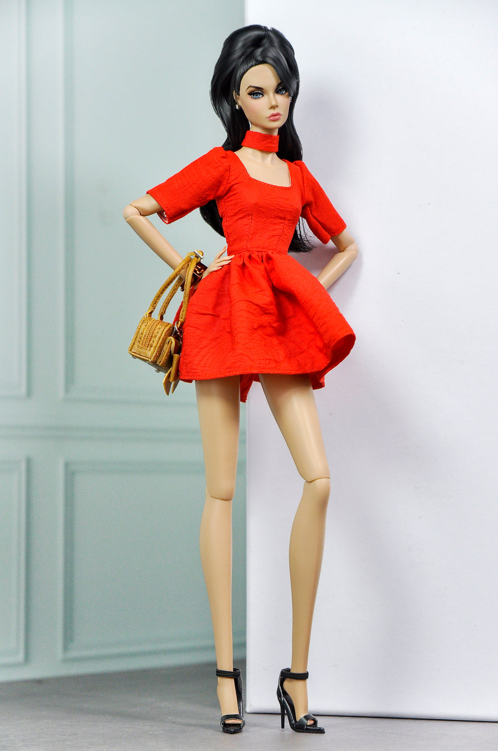MODERN SENSUAL | Scarlet Mini Dress for 1/6 Scale Doll Clothes – Flared Red Dress with Choker Detail – Handmade by Plastik Tiara