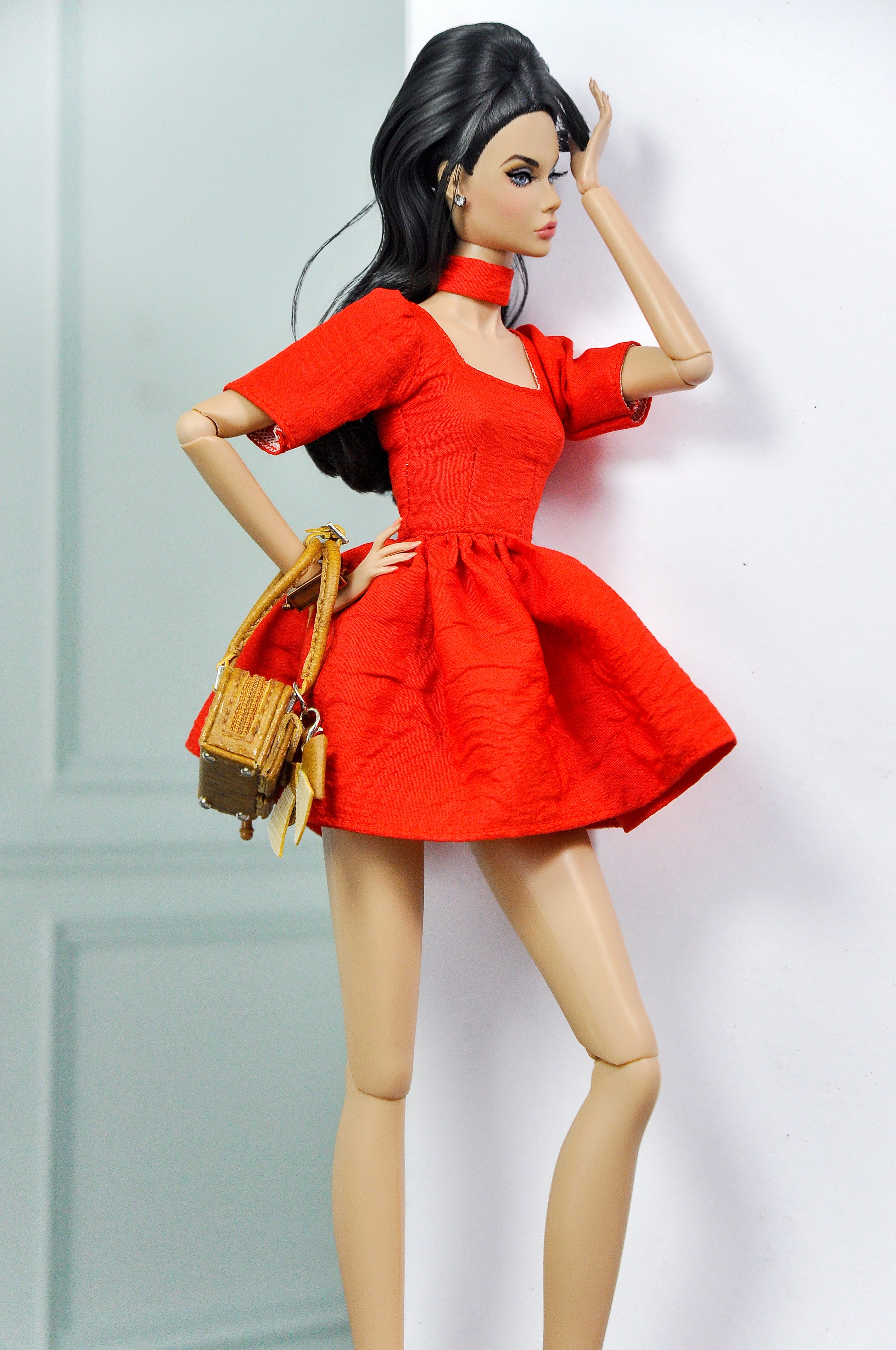 MODERN SENSUAL | Scarlet Mini Dress for 1/6 Scale Doll Clothes – Flared Red Dress with Choker Detail – Handmade by Plastik Tiara