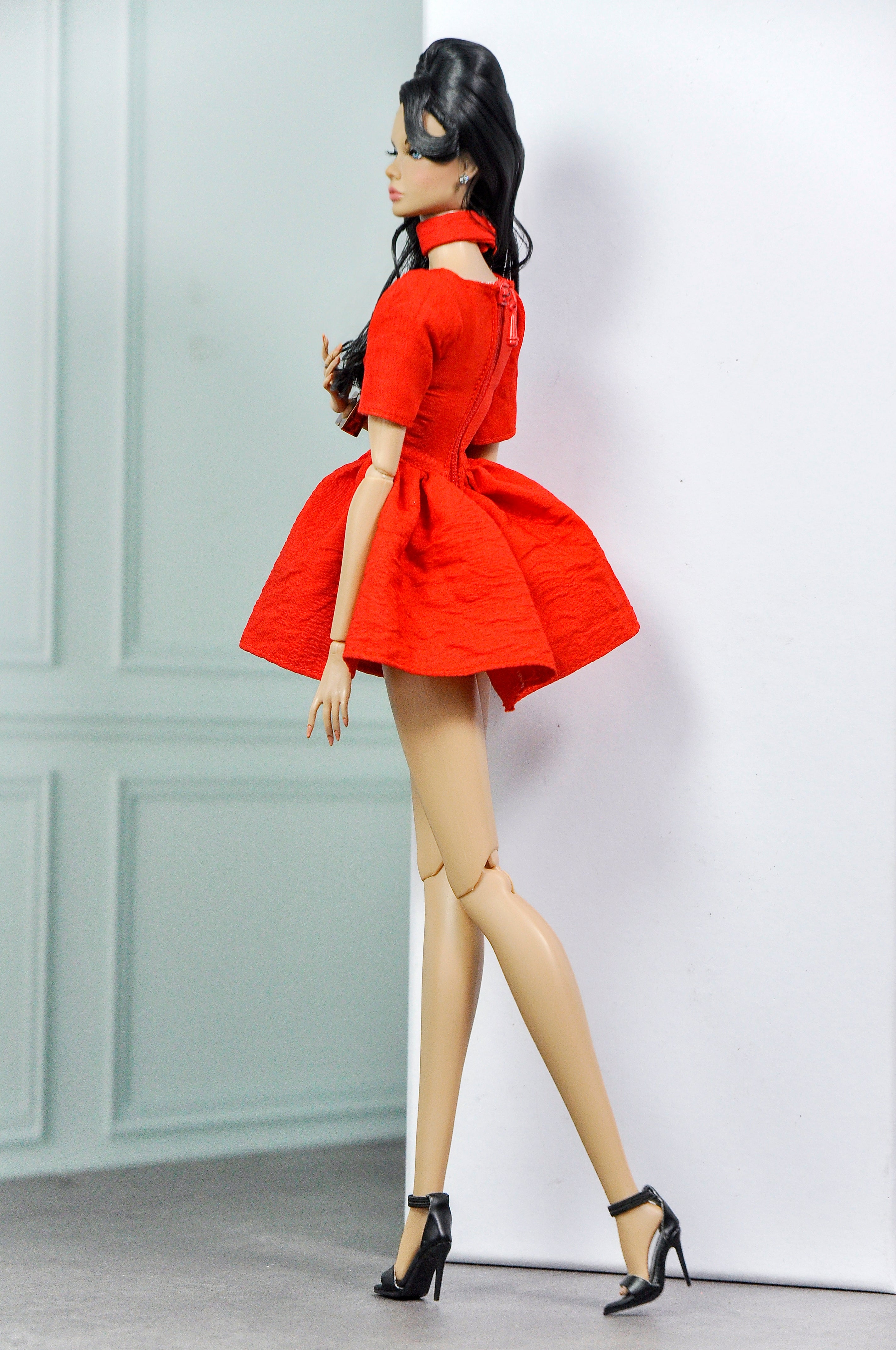MODERN SENSUAL | Scarlet Mini Dress for 1/6 Scale Doll Clothes – Flared Red Dress with Choker Detail – Handmade by Plastik Tiara
