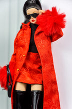 MODERN SENSUAL | Scarlet Red Coat & Mini Dress Set for 1/6 Doll Clothes – Statement Fur Sleeve Coat – Handmade by Plastik Tiara