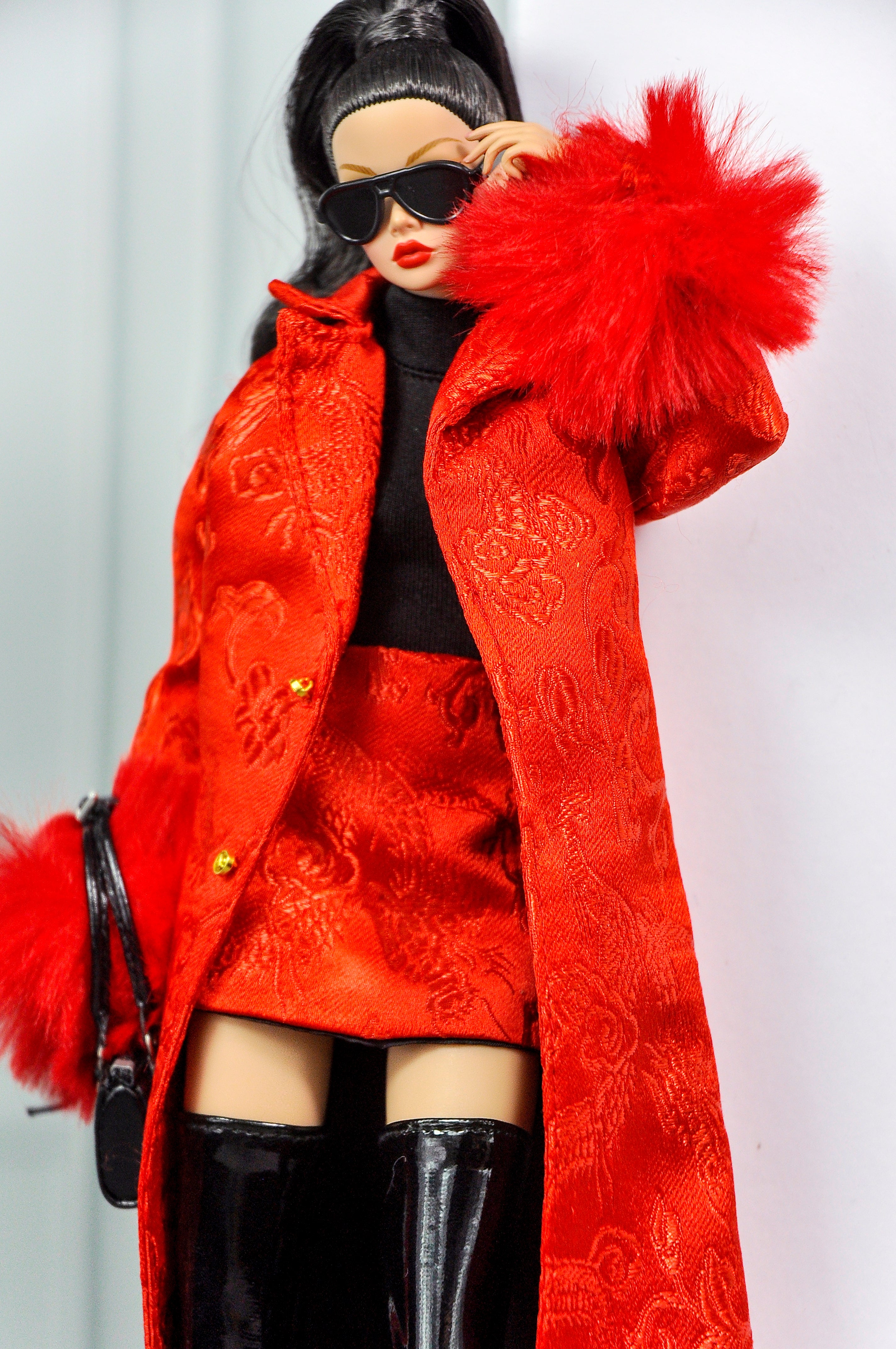 MODERN SENSUAL | Scarlet Red Coat & Mini Dress Set for 1/6 Doll Clothes – Statement Fur Sleeve Coat – Handmade by Plastik Tiara