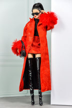 MODERN SENSUAL | Scarlet Red Coat & Mini Dress Set for 1/6 Doll Clothes – Statement Fur Sleeve Coat – Handmade by Plastik Tiara