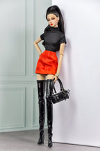 MODERN SENSUAL | Scarlet Red Coat & Mini Dress Set for 1/6 Doll Clothes – Statement Fur Sleeve Coat – Handmade by Plastik Tiara