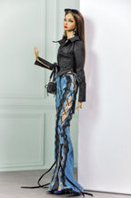 MODERN SENSUAL |. Rebel Lace Denim Flare Pants Set for 1/6 Doll Clothes – Black Corset Top & Lace-Up Distressed Jeans – Plastik Tiara