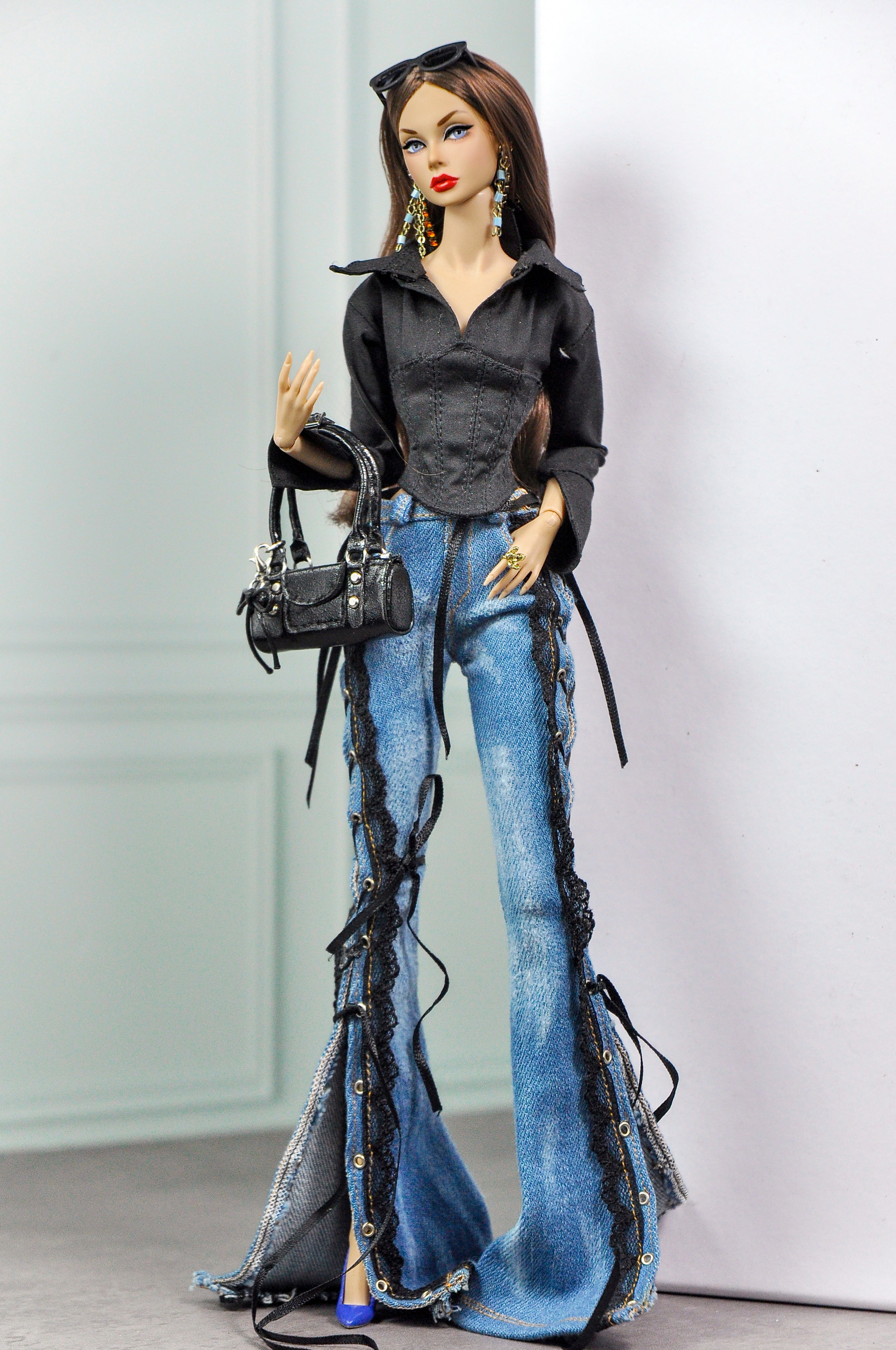 MODERN SENSUAL |. Rebel Lace Denim Flare Pants Set for 1/6 Doll Clothes – Black Corset Top & Lace-Up Distressed Jeans – Plastik Tiara