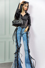 MODERN SENSUAL |. Rebel Lace Denim Flare Pants Set for 1/6 Doll Clothes – Black Corset Top & Lace-Up Distressed Jeans – Plastik Tiara