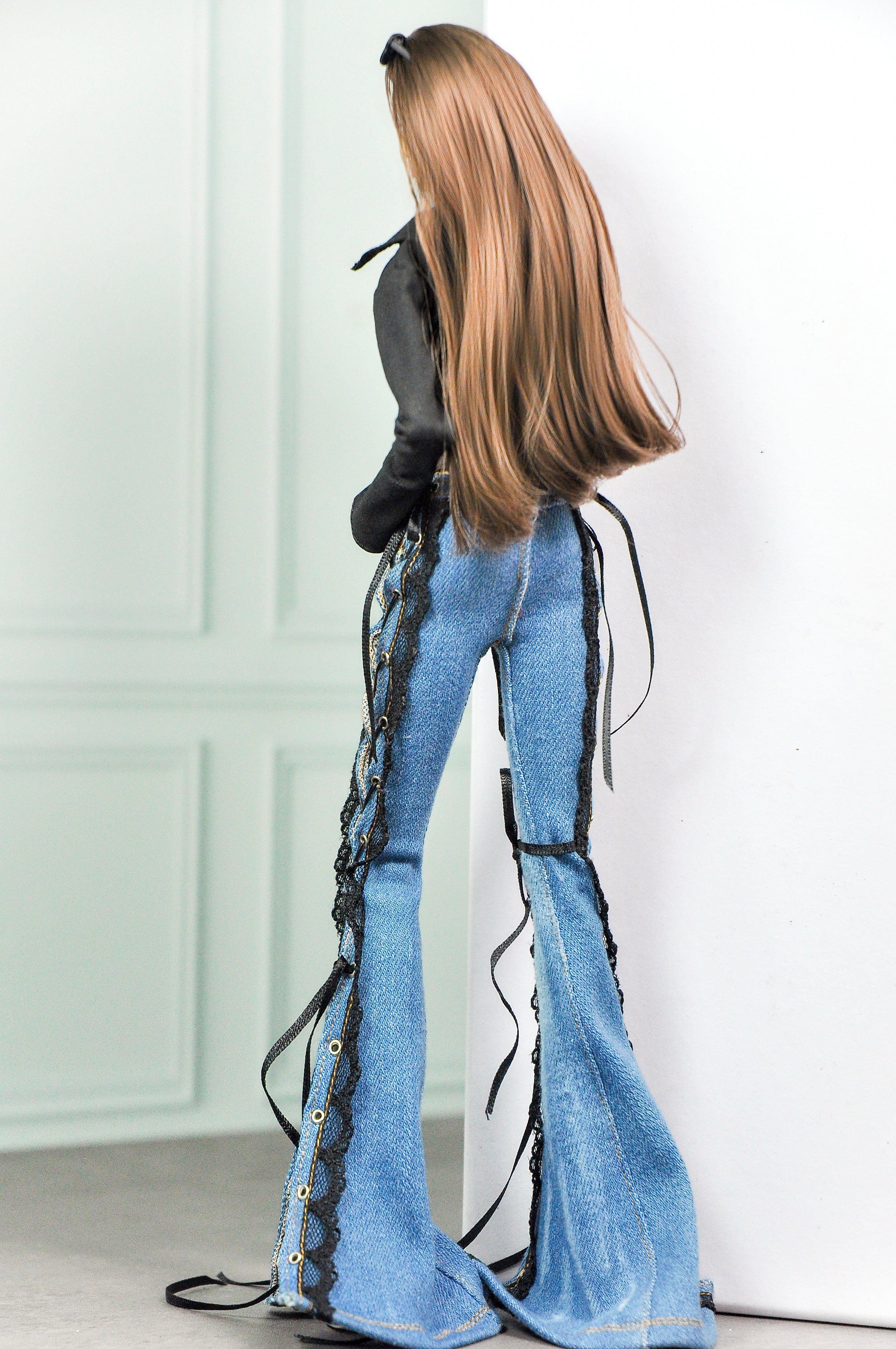 MODERN SENSUAL |. Rebel Lace Denim Flare Pants Set for 1/6 Doll Clothes – Black Corset Top & Lace-Up Distressed Jeans – Plastik Tiara