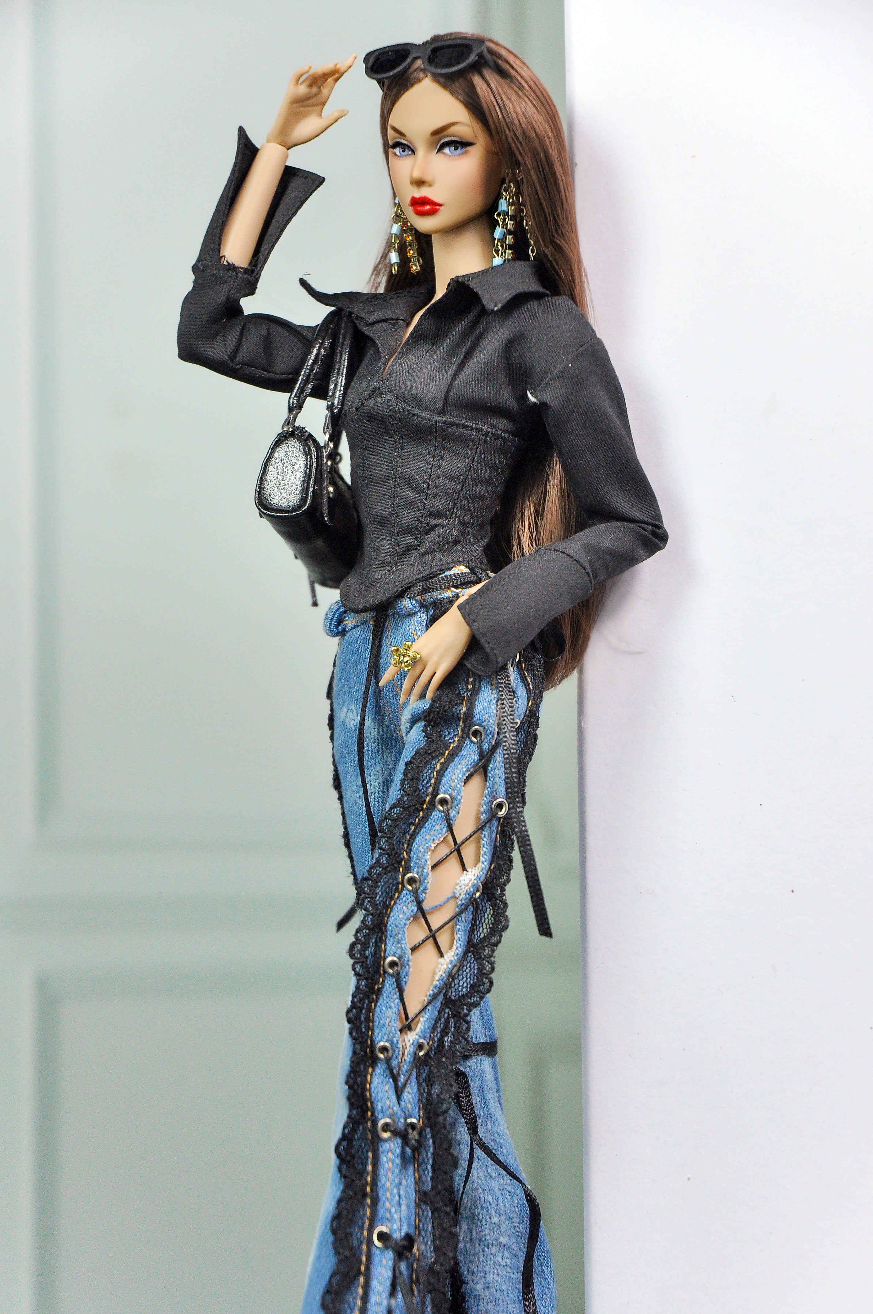MODERN SENSUAL |. Rebel Lace Denim Flare Pants Set for 1/6 Doll Clothes – Black Corset Top & Lace-Up Distressed Jeans – Plastik Tiara