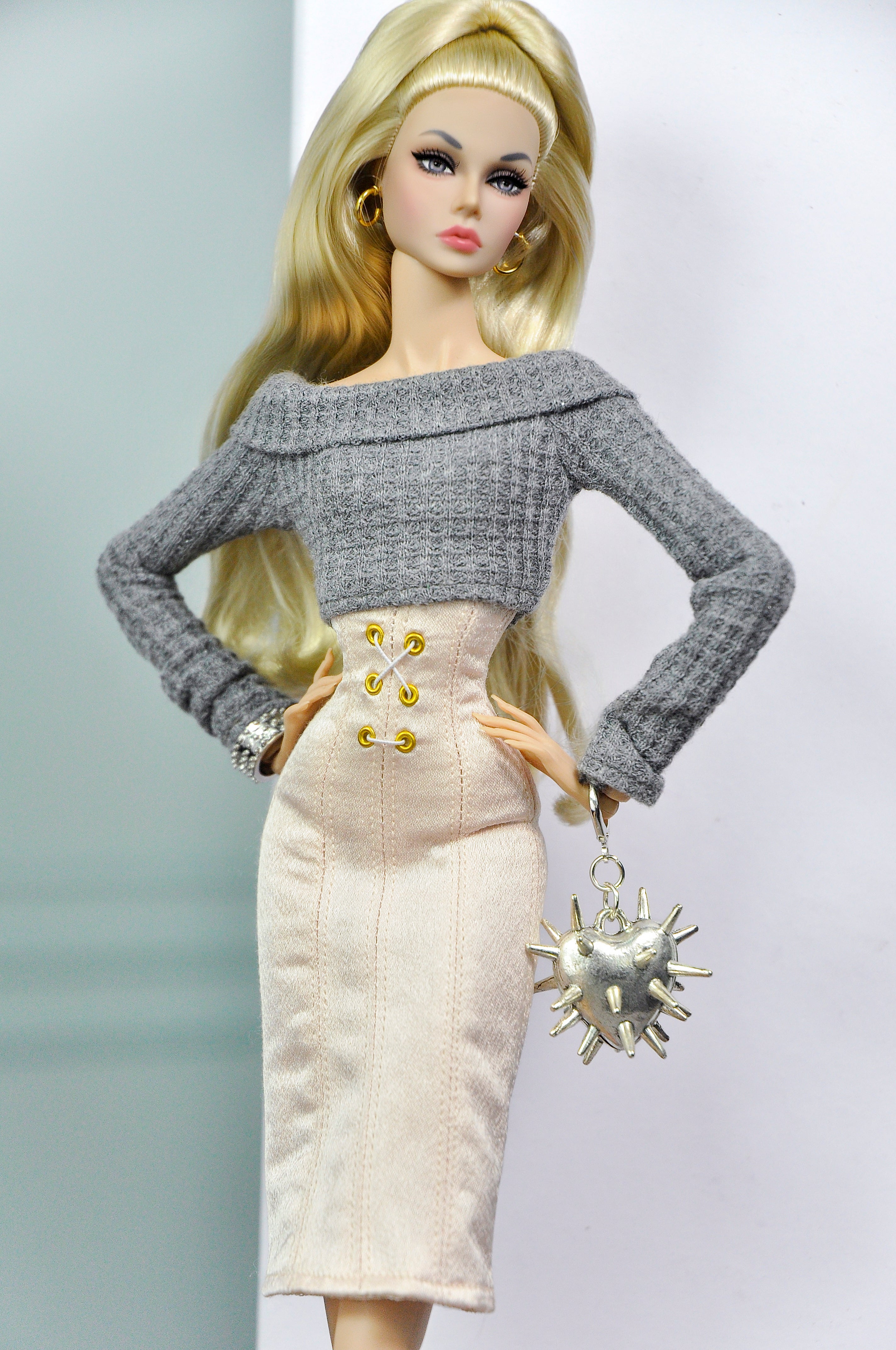 MODERN SENSUAL | Modern Knit Top & Corset Pencil Skirt Set for 1/6 Doll Clothes – Off Shoulder Sweater & Lace-Up Skirt – Plastik Tiara