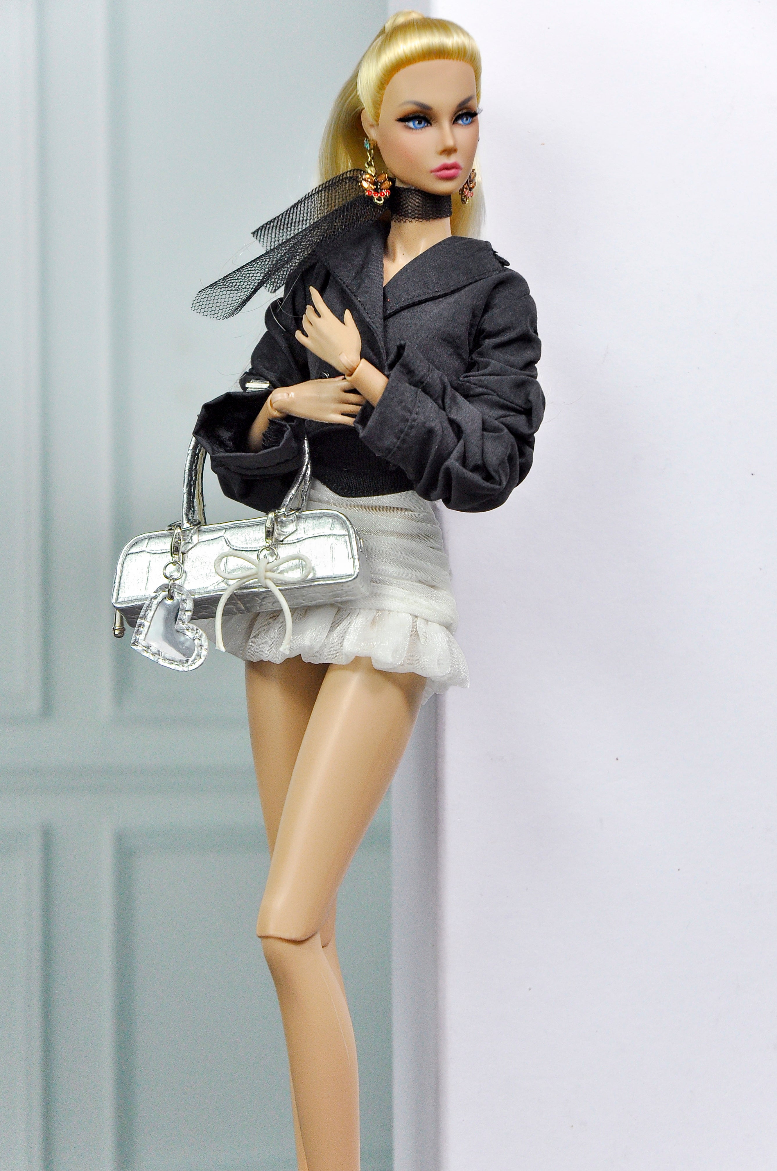 MODERN SENSUAL | Noir Ruffle Mini Skirt Set for 1/6 Scale Doll Clothes – Black Cropped Jacket & White Ruffle Skirt – Handmade by Plastik Tiara