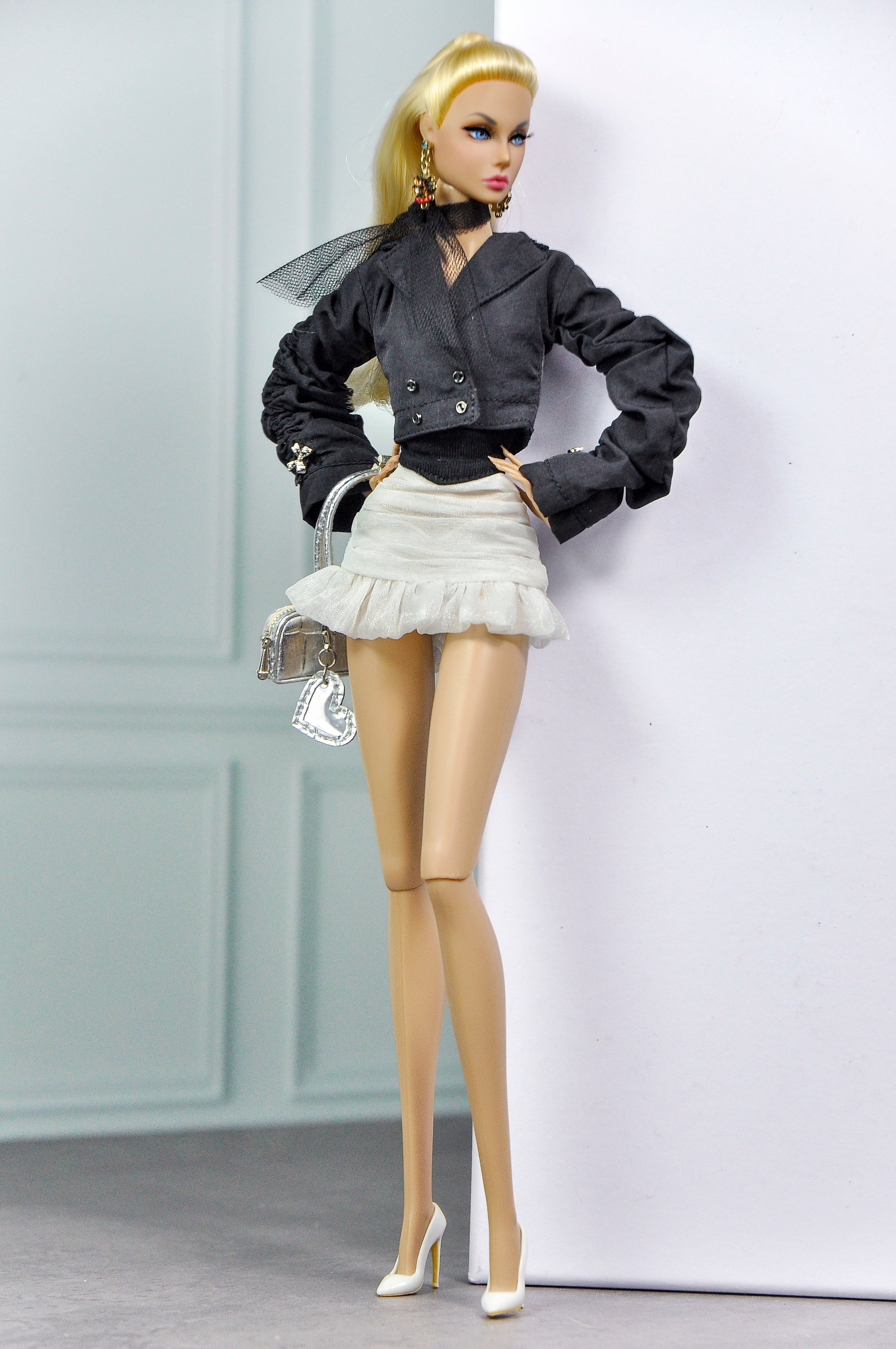 MODERN SENSUAL | Noir Ruffle Mini Skirt Set for 1/6 Scale Doll Clothes – Black Cropped Jacket & White Ruffle Skirt – Handmade by Plastik Tiara