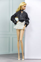 MODERN SENSUAL | Noir Ruffle Mini Skirt Set for 1/6 Scale Doll Clothes – Black Cropped Jacket & White Ruffle Skirt – Handmade by Plastik Tiara