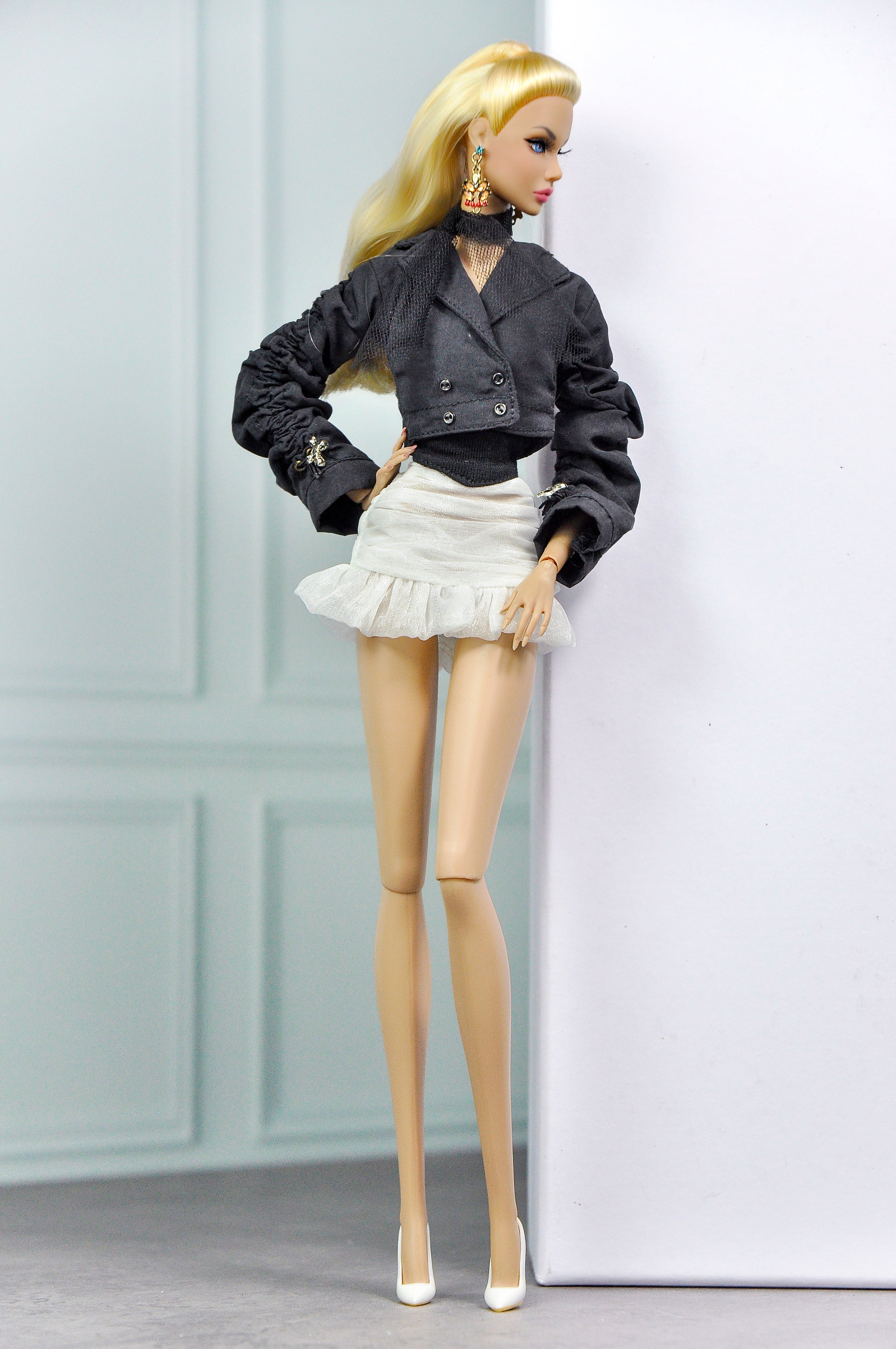 MODERN SENSUAL | Noir Ruffle Mini Skirt Set for 1/6 Scale Doll Clothes – Black Cropped Jacket & White Ruffle Skirt – Handmade by Plastik Tiara