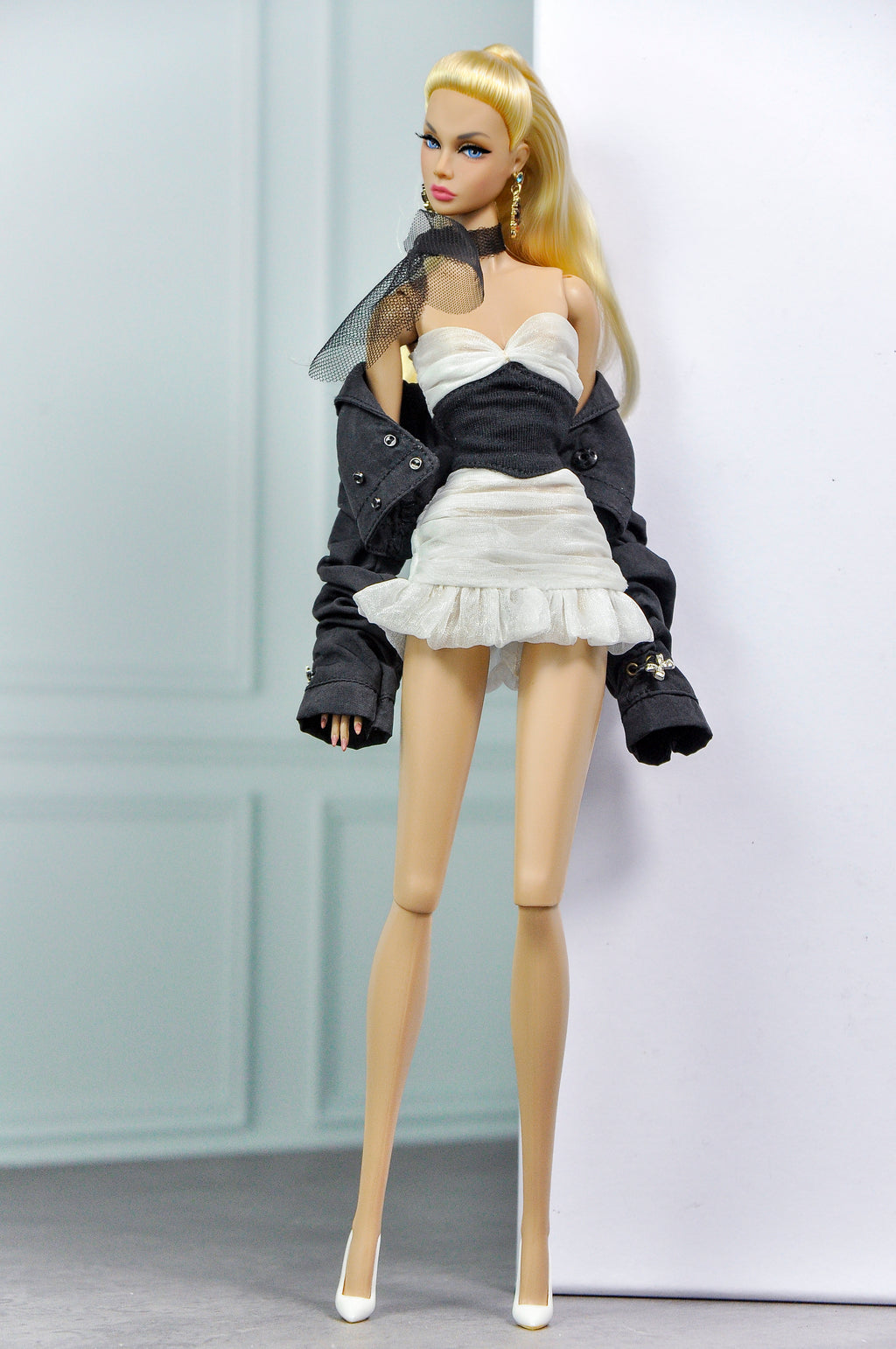 MODERN SENSUAL | Noir Ruffle Mini Skirt Set for 1/6 Scale Doll Clothes – Black Cropped Jacket & White Ruffle Skirt – Handmade by Plastik Tiara