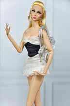 MODERN SENSUAL | Noir Ruffle Mini Skirt Set for 1/6 Scale Doll Clothes – Black Cropped Jacket & White Ruffle Skirt – Handmade by Plastik Tiara