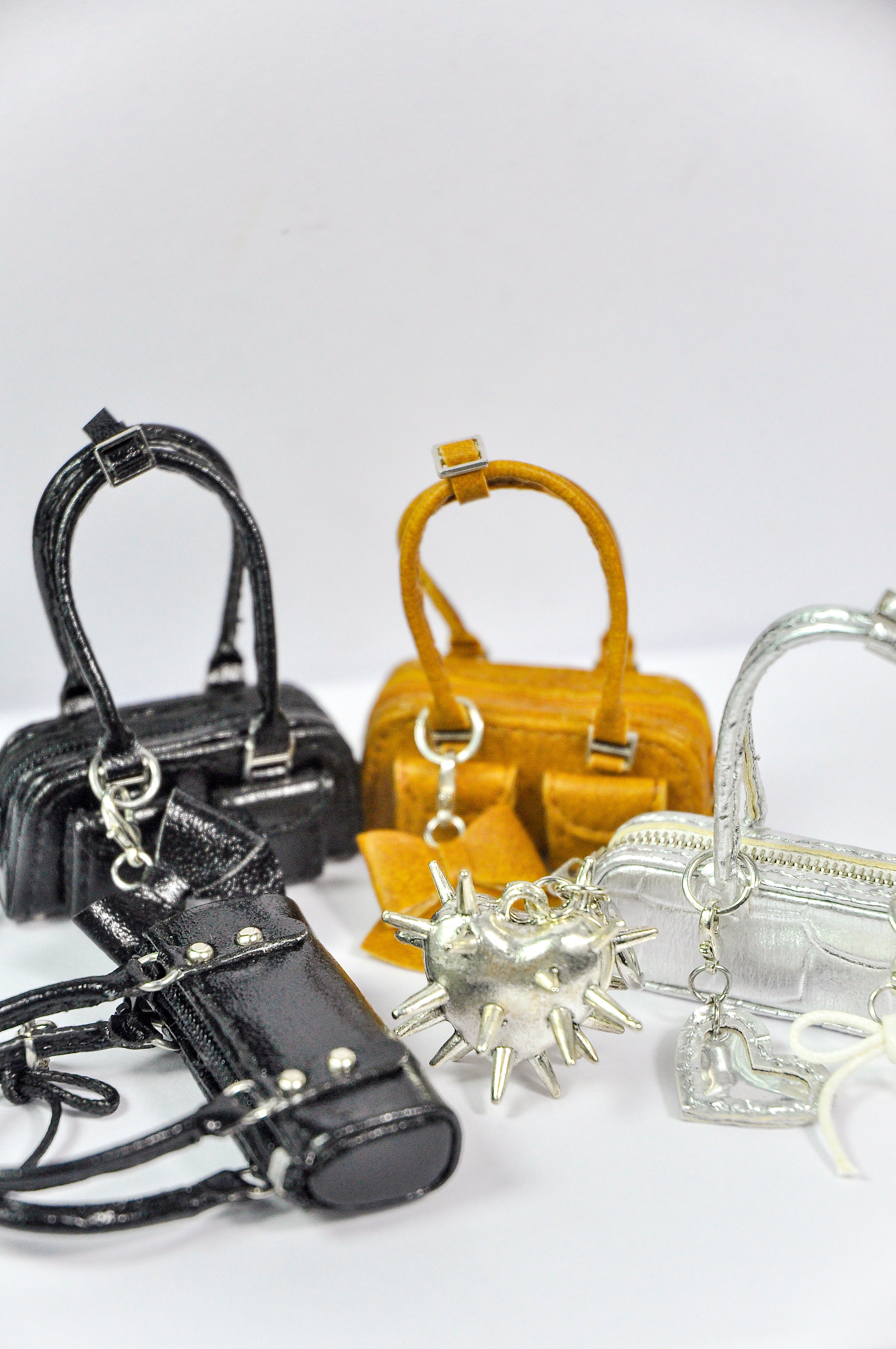 MODERN SENSUAL |. Mini Handbag Collection for 1/6 Scale Doll – Black, Silver & Mustard Designer Style Bags with Charms – Handmade by Plastik Tiara