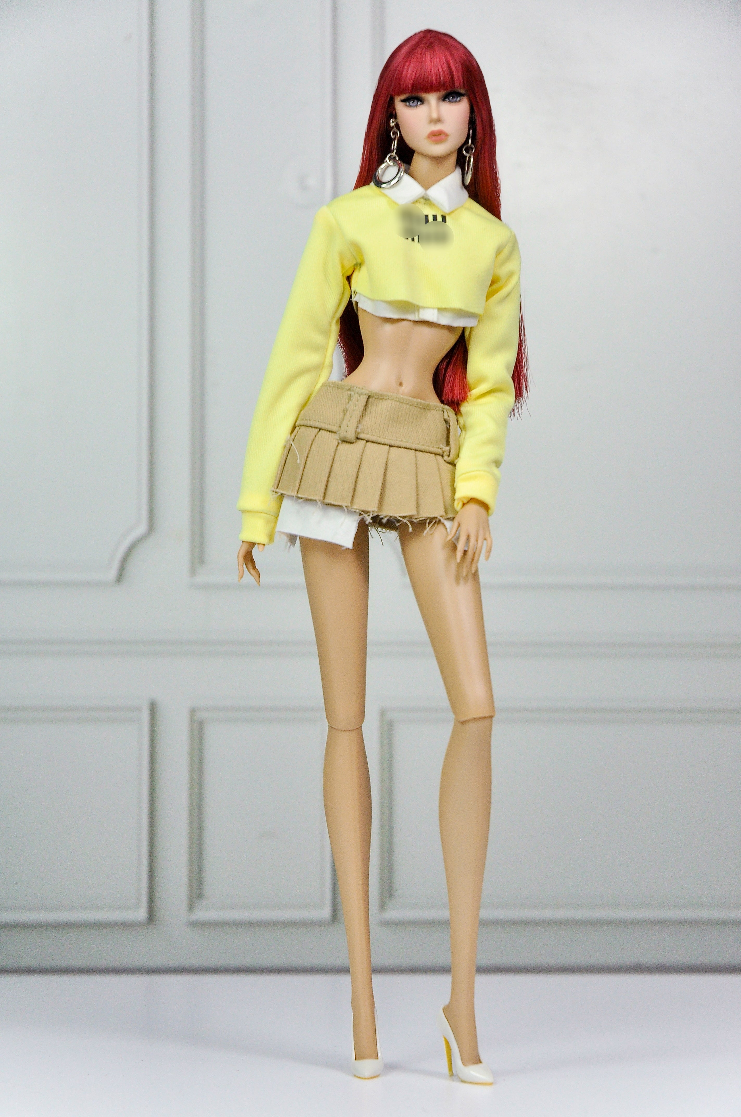 MODERN SENSUAL | Lemon Cropped Knit & Pleated Mini Skirt Set for 1/6 Scale Fashion Dolls | Handmade Designer-Inspired Doll Outfit