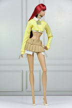 MODERN SENSUAL | Lemon Cropped Knit & Pleated Mini Skirt Set for 1/6 Scale Fashion Dolls | Handmade Designer-Inspired Doll Outfit