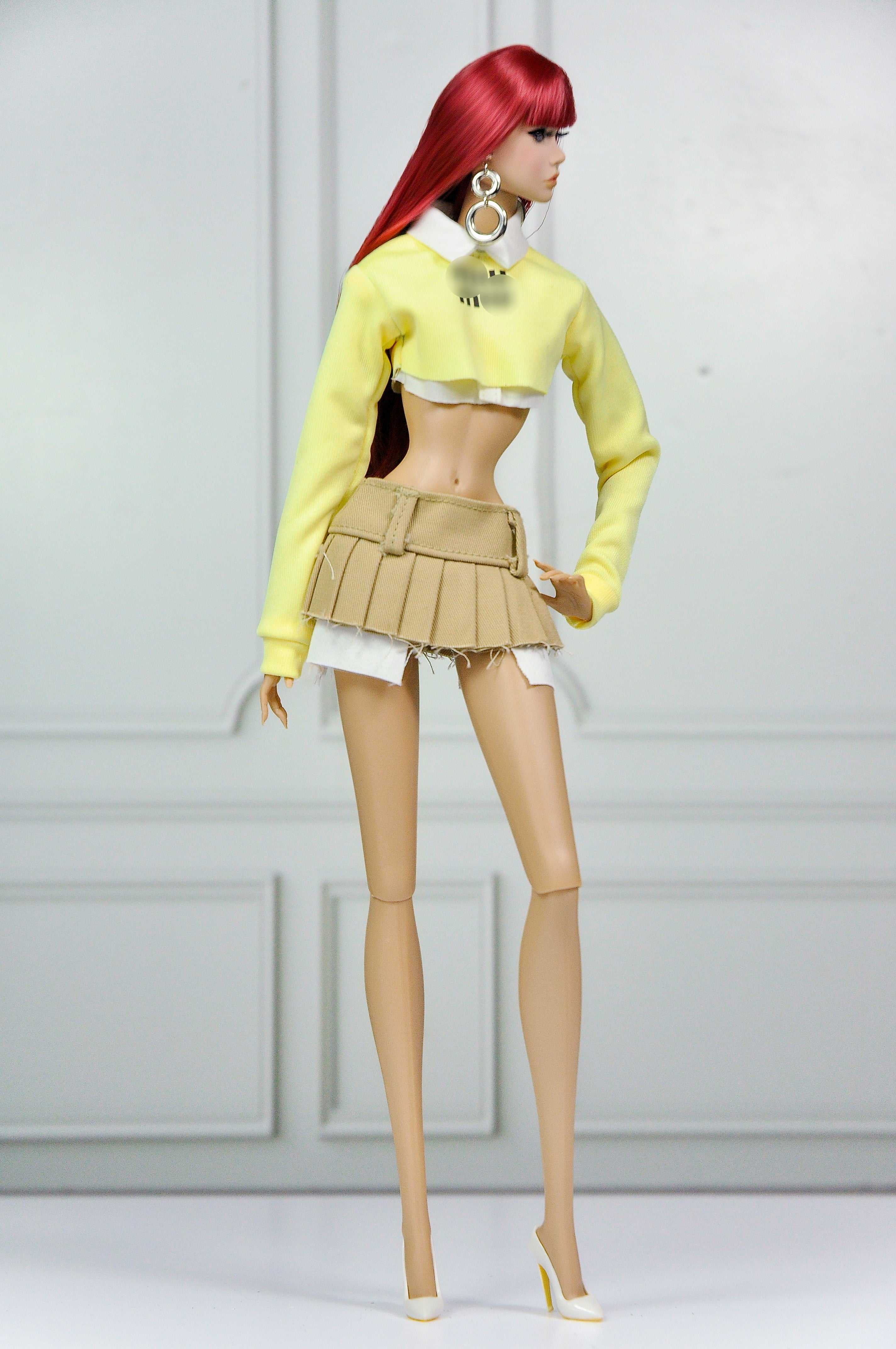 MODERN SENSUAL | Lemon Cropped Knit & Pleated Mini Skirt Set for 1/6 Scale Fashion Dolls | Handmade Designer-Inspired Doll Outfit