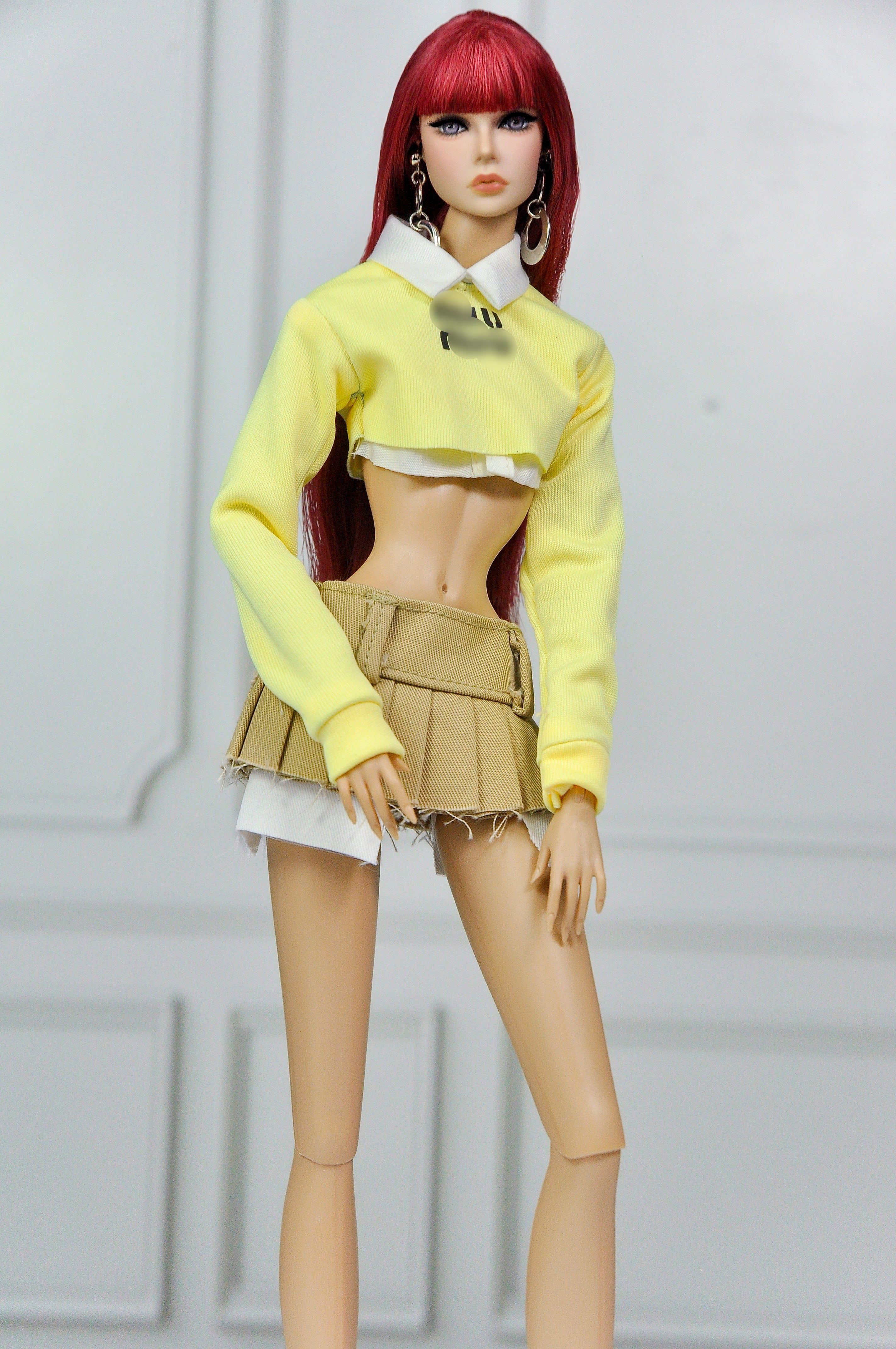 MODERN SENSUAL | Lemon Cropped Knit & Pleated Mini Skirt Set for 1/6 Scale Fashion Dolls | Handmade Designer-Inspired Doll Outfit