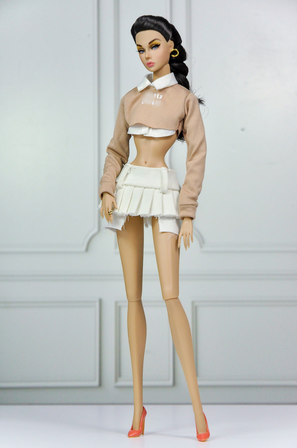 MODERN SENSUAL | Neutral Cropped Knit & Ivory Pleated Mini Skirt Set for 1/6 Scale Fashion Dolls | Elegant Preppy Doll Outfit