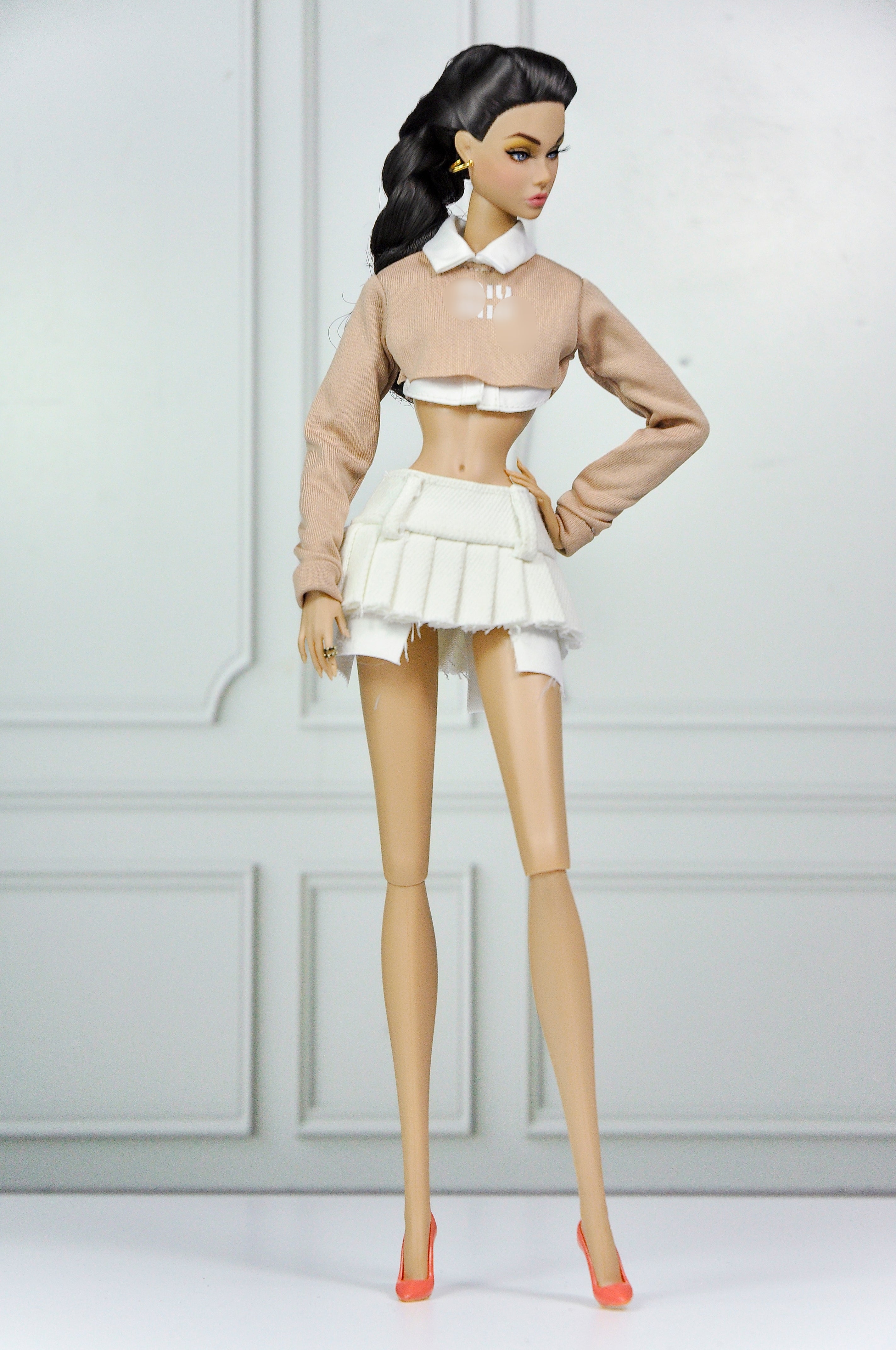 MODERN SENSUAL | Neutral Cropped Knit & Ivory Pleated Mini Skirt Set for 1/6 Scale Fashion Dolls | Elegant Preppy Doll Outfit