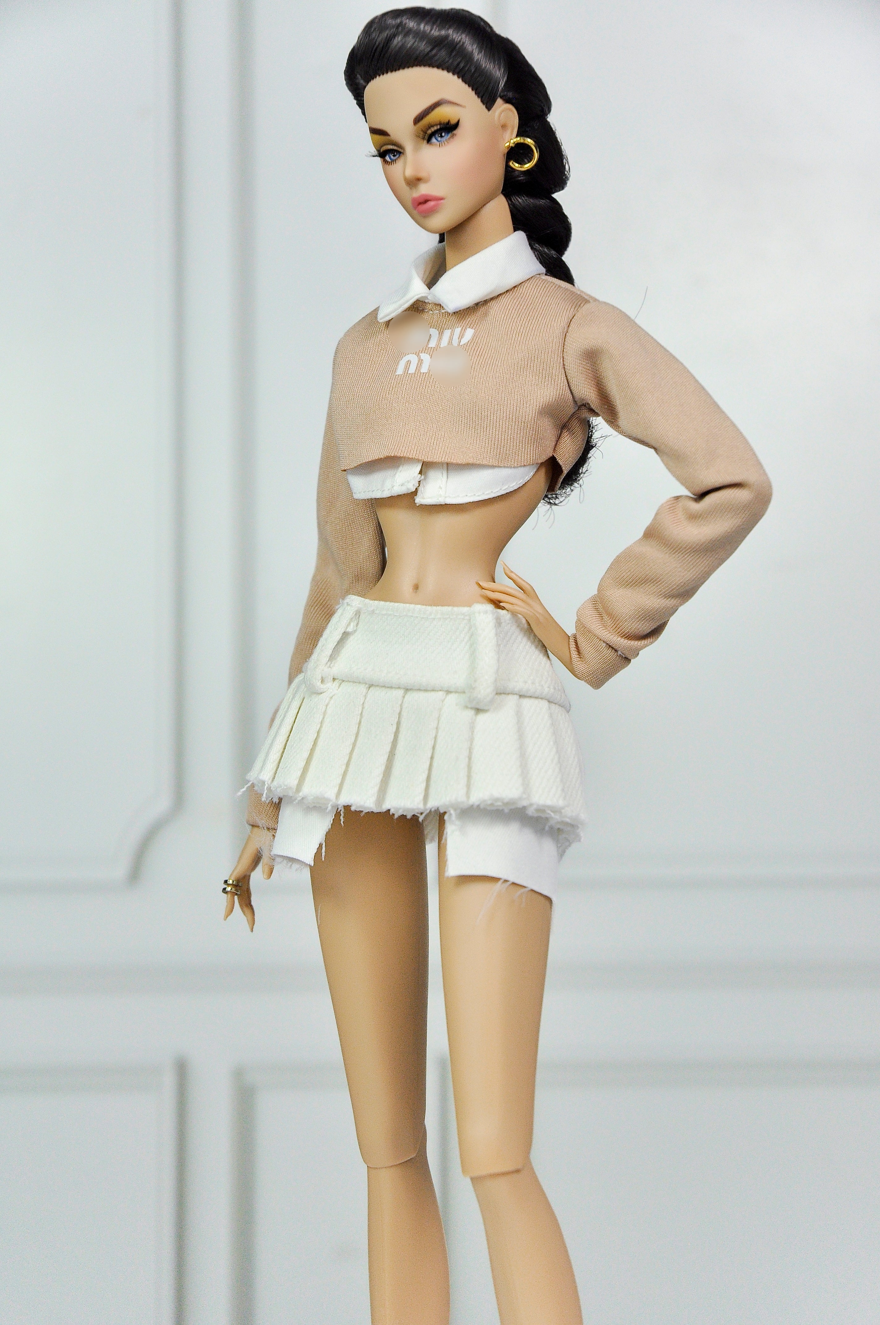 MODERN SENSUAL | Neutral Cropped Knit & Ivory Pleated Mini Skirt Set for 1/6 Scale Fashion Dolls | Elegant Preppy Doll Outfit