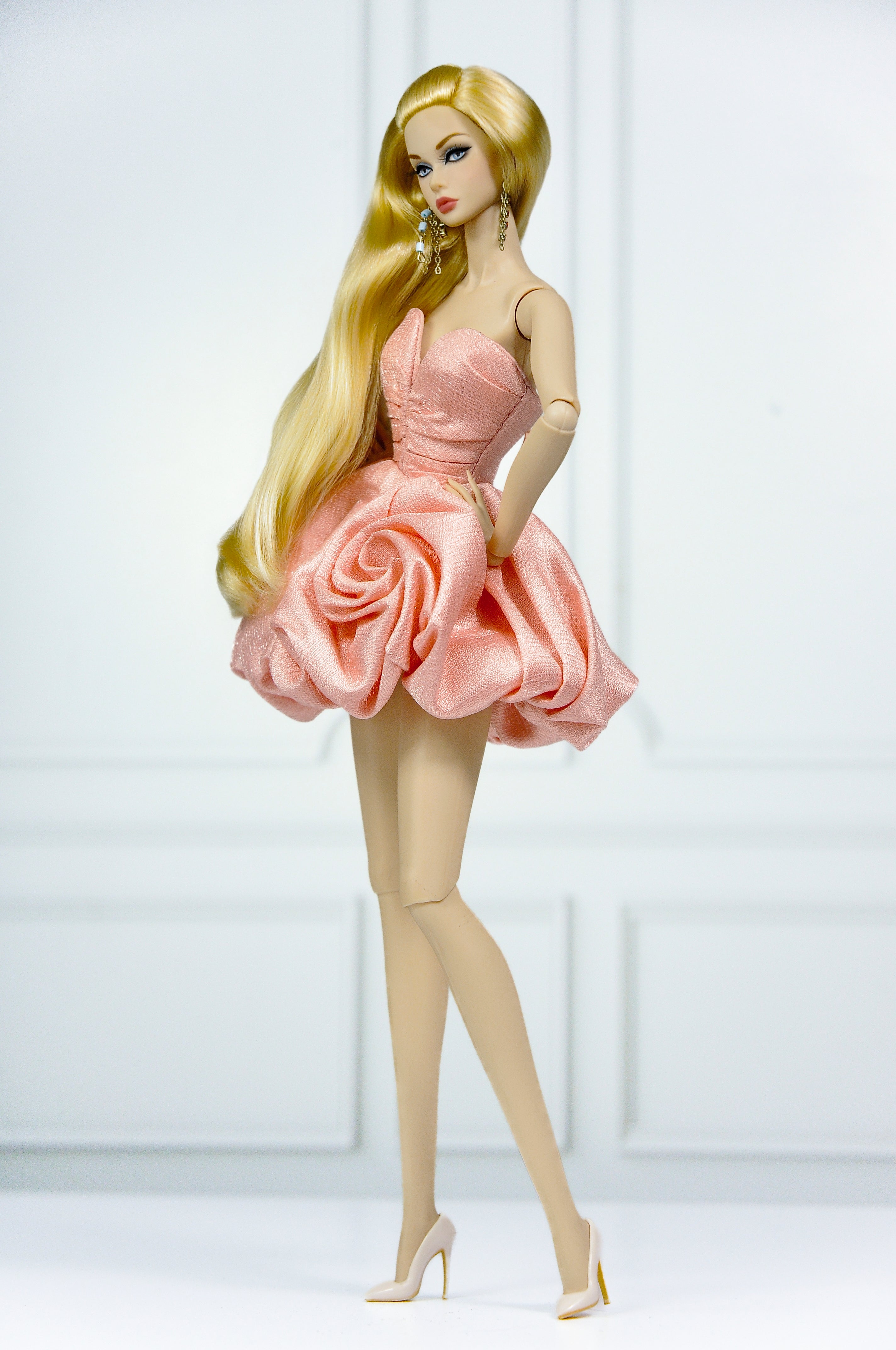 MODERN SENSUAL | (BEIGE VERSION) Rose Sculpted Mini Gown | Handmade Couture Doll Clothes