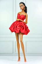 MODERN SENSUAL | (RED VERSION) Rose Sculpted Mini Gown in Red or Blush Pink | Handmade Couture Doll Clothes