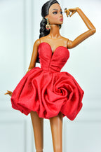 MODERN SENSUAL | (RED VERSION) Rose Sculpted Mini Gown in Red or Blush Pink | Handmade Couture Doll Clothes