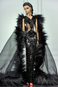 HAUTE | Noir Obsidian Couture Gown with Dramatic Fur Cape | Black Beaded Evening Dress | 1:6 Scale Doll Couture | Plastiktiara