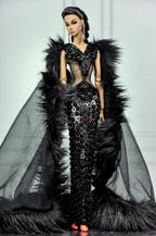 HAUTE | Noir Obsidian Couture Gown with Dramatic Fur Cape | Black Beaded Evening Dress | 1:6 Scale Doll Couture | Plastiktiara