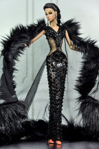 HAUTE | Noir Obsidian Couture Gown with Dramatic Fur Cape | Black Beaded Evening Dress | 1:6 Scale Doll Couture | Plastiktiara