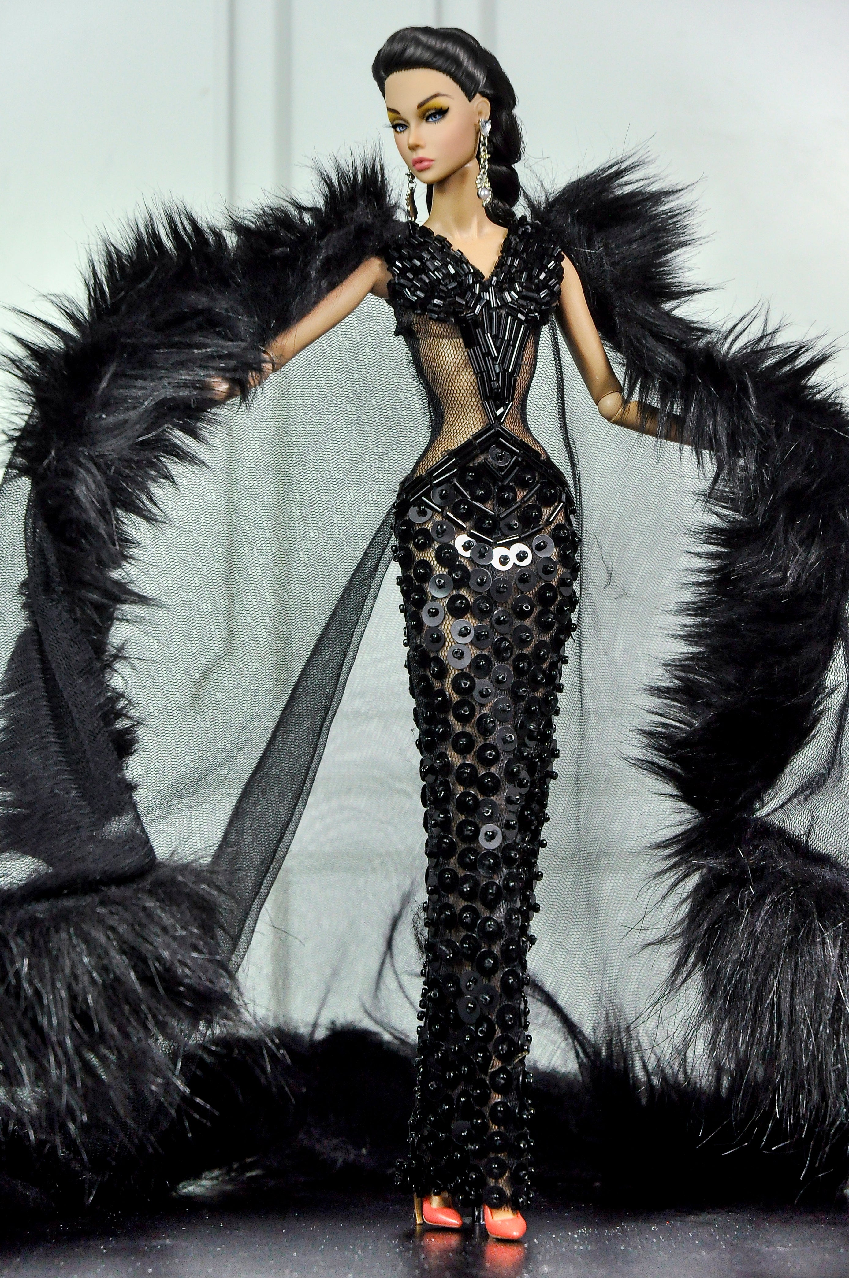 HAUTE | Noir Obsidian Couture Gown with Dramatic Fur Cape | Black Beaded Evening Dress | 1:6 Scale Doll Couture | Plastiktiara