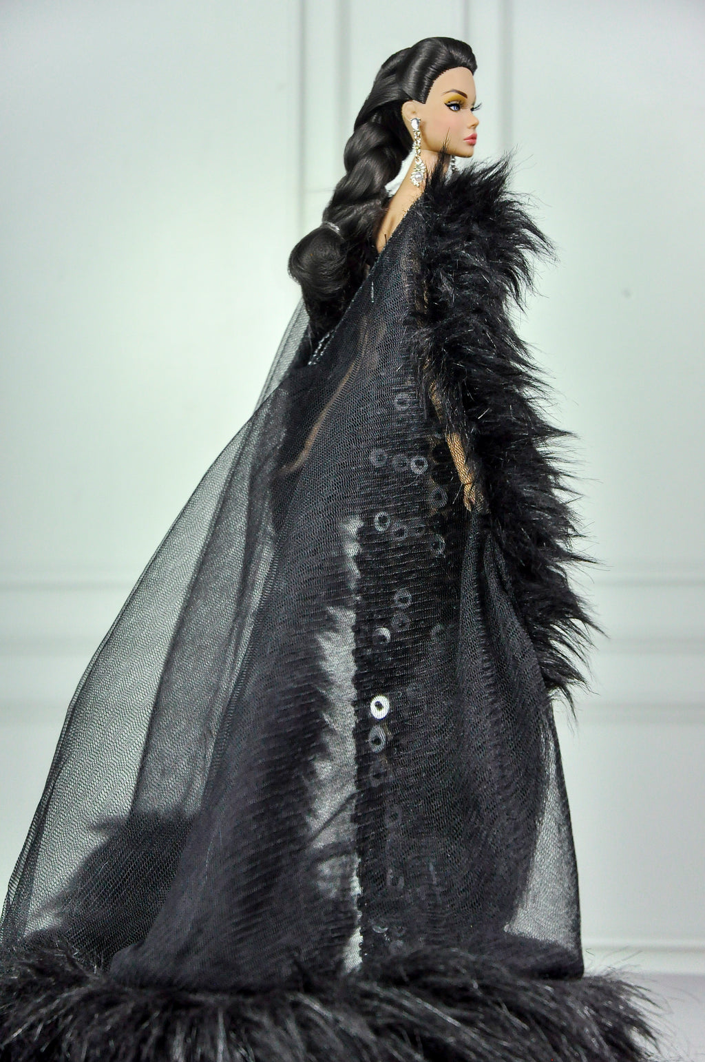HAUTE | Noir Obsidian Couture Gown with Dramatic Fur Cape | Black Beaded Evening Dress | 1:6 Scale Doll Couture | Plastiktiara