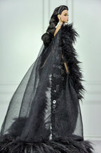 HAUTE | Noir Obsidian Couture Gown with Dramatic Fur Cape | Black Beaded Evening Dress | 1:6 Scale Doll Couture | Plastiktiara
