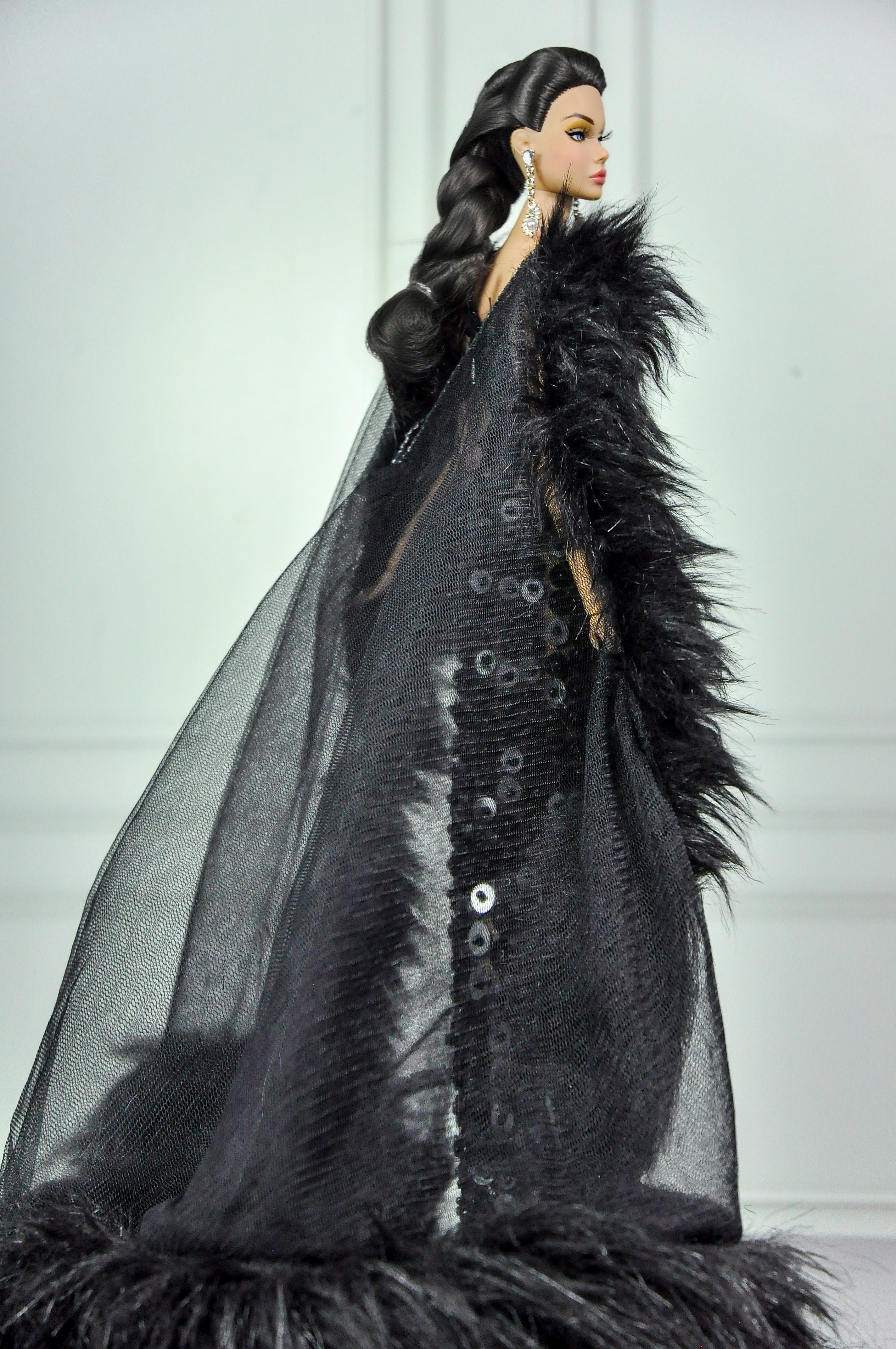HAUTE | Noir Obsidian Couture Gown with Dramatic Fur Cape | Black Beaded Evening Dress | 1:6 Scale Doll Couture | Plastiktiara
