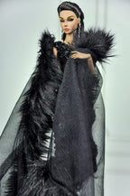 HAUTE | Noir Obsidian Couture Gown with Dramatic Fur Cape | Black Beaded Evening Dress | 1:6 Scale Doll Couture | Plastiktiara