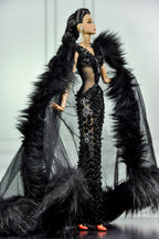 HAUTE | Noir Obsidian Couture Gown with Dramatic Fur Cape | Black Beaded Evening Dress | 1:6 Scale Doll Couture | Plastiktiara