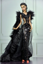 HAUTE | Noir Obsidian Couture Gown with Dramatic Fur Cape | Black Beaded Evening Dress | 1:6 Scale Doll Couture | Plastiktiara