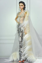 HAUTE | Champagne Illusion Couture Gown for Fashion Royalty Doll | 1/6 Scale Beaded Evening Dress with Fur Cape | Plastiktiara