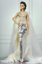 HAUTE | Champagne Illusion Couture Gown for Fashion Royalty Doll | 1/6 Scale Beaded Evening Dress with Fur Cape | Plastiktiara