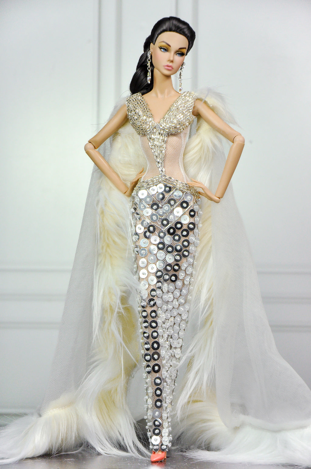HAUTE | Champagne Illusion Couture Gown for Fashion Royalty Doll | 1/6 Scale Beaded Evening Dress with Fur Cape | Plastiktiara