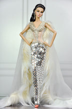 HAUTE | Champagne Illusion Couture Gown for Fashion Royalty Doll | 1/6 Scale Beaded Evening Dress with Fur Cape | Plastiktiara
